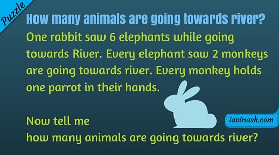 How many animals are going towards river? One rabbit saw 6 elephants while going towards River. Every elephant saw 2 monkeys are going towards river. Every monkey holds one parrot in their hands. Now tell me how many animals are going towards river?