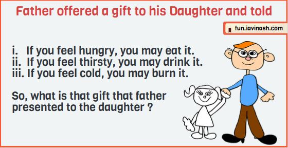  Father offered a gift to his Daughter and told ......... i. If you feel hungry, you may eat it. ii. If you feel thirsty, you may drink it. iii. If you feel coldish, you may burn it. So, what is that gift that father presented to the daughter ? 