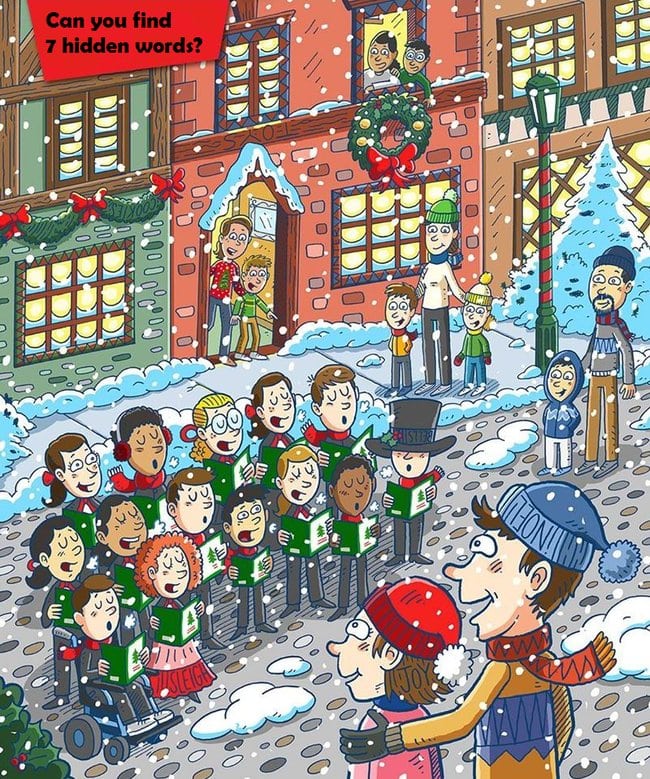 Can you find 7 hidden words in this Xmas image?